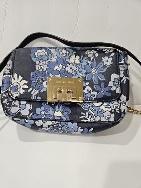 Michael Kors Blue Floral Crossbody Bag with Gold Hardware